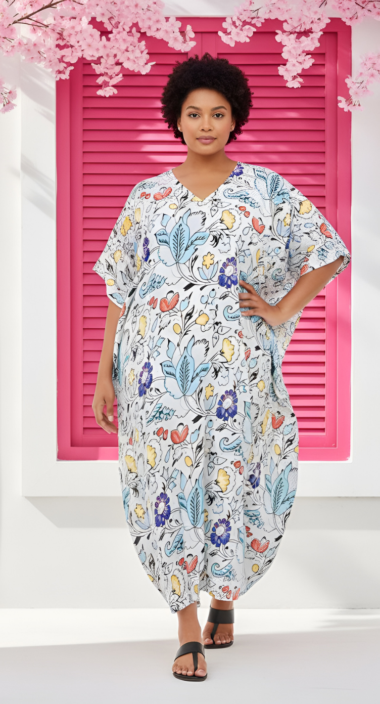 Floral Printed Off-White Polyester Plus Size Kaftan Dress For Women