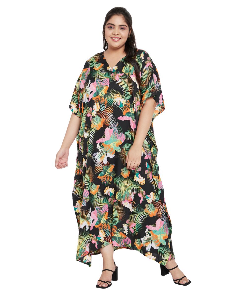 Leaf Printed Black Polyester Kaftan Plus Size Dress For Women