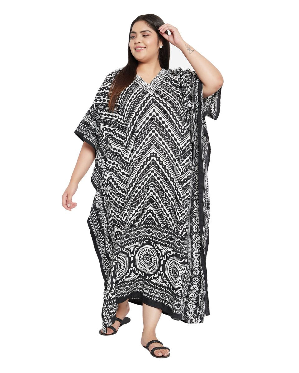 Geometric Printed Black Polyester Plus Size Kaftan Dress For Women