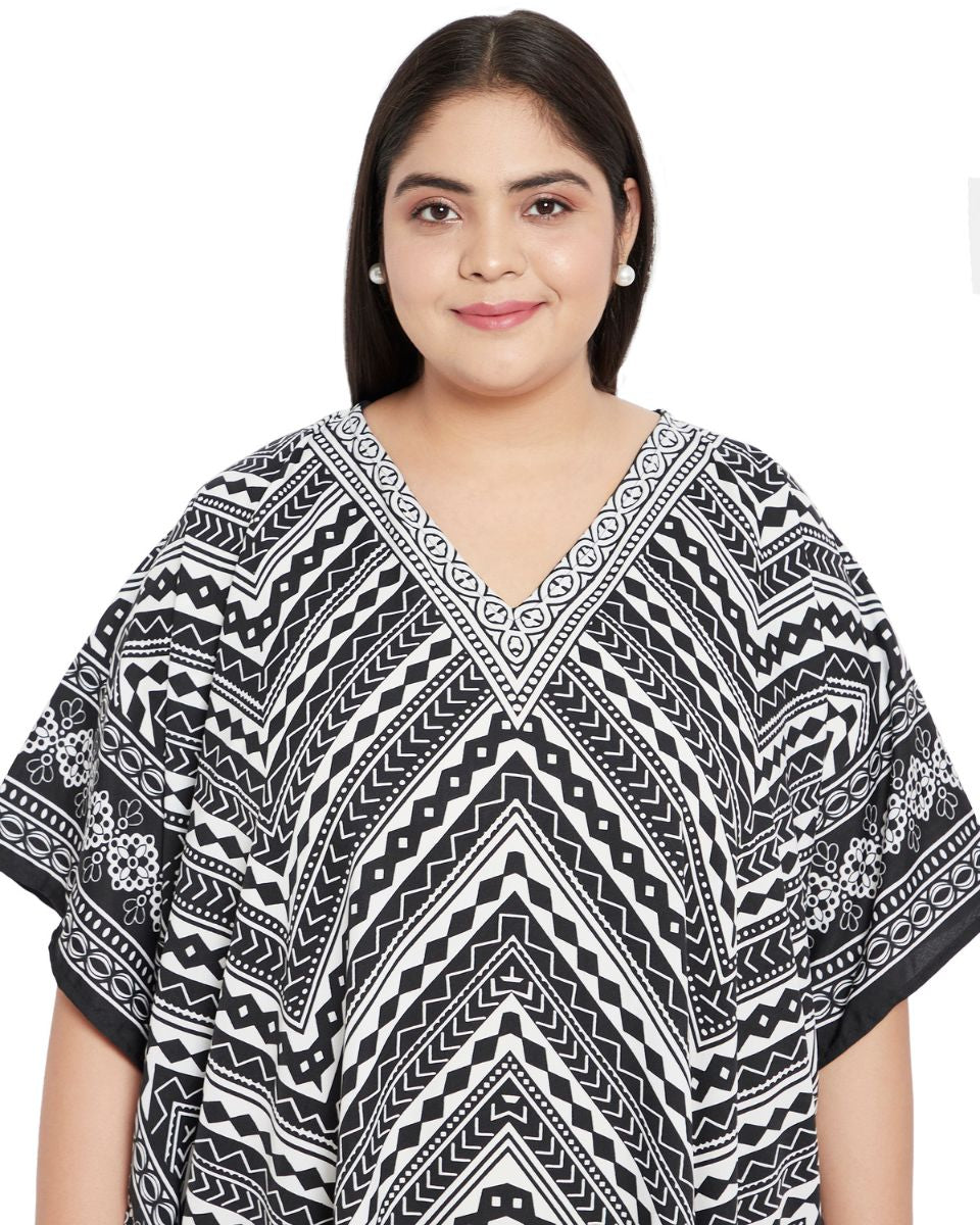 Geometric Printed Black Polyester Plus Size Kaftan Dress For Women