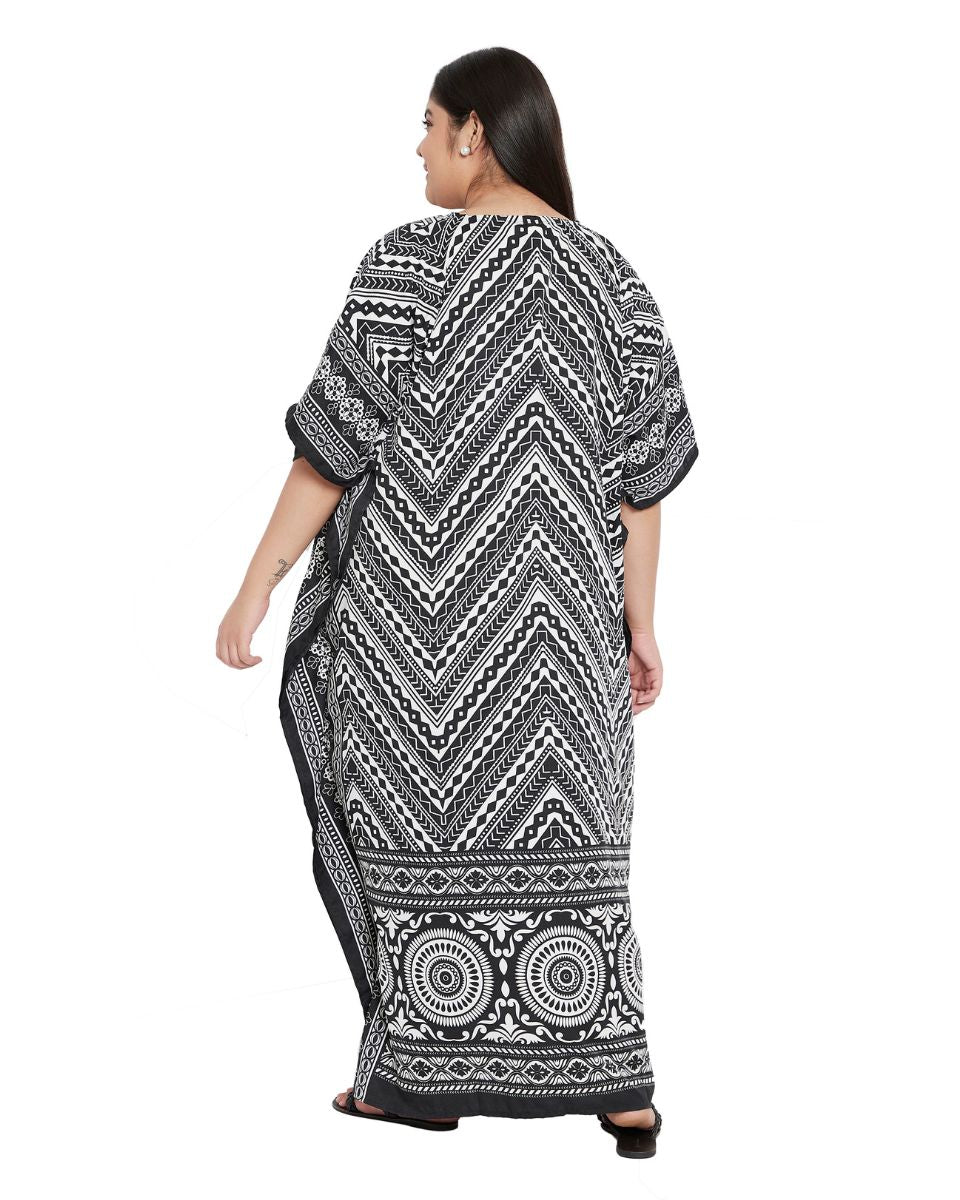 Geometric Printed Black Polyester Plus Size Kaftan Dress For Women