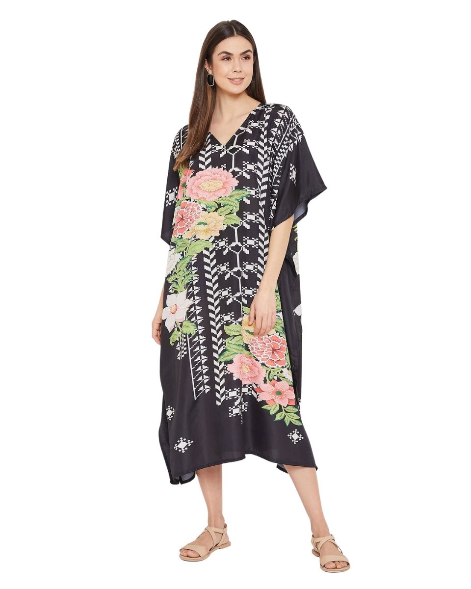 Floral Print Black Polyester Plus Size Kaftan For Women