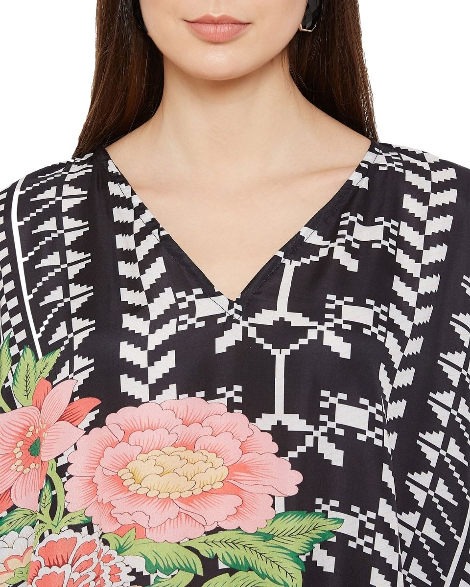 Floral Print Black Polyester Plus Size Kaftan For Women