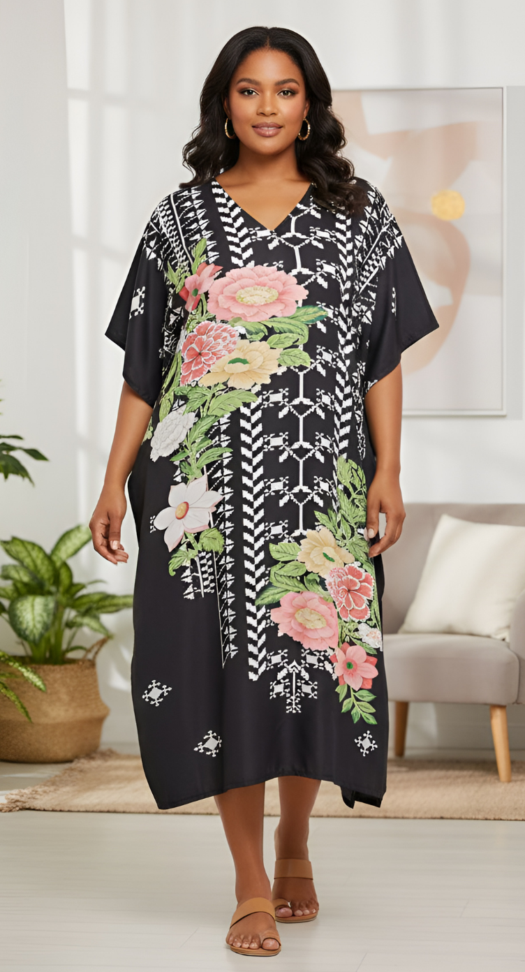 Floral Print Black Polyester Plus Size Kaftan For Women