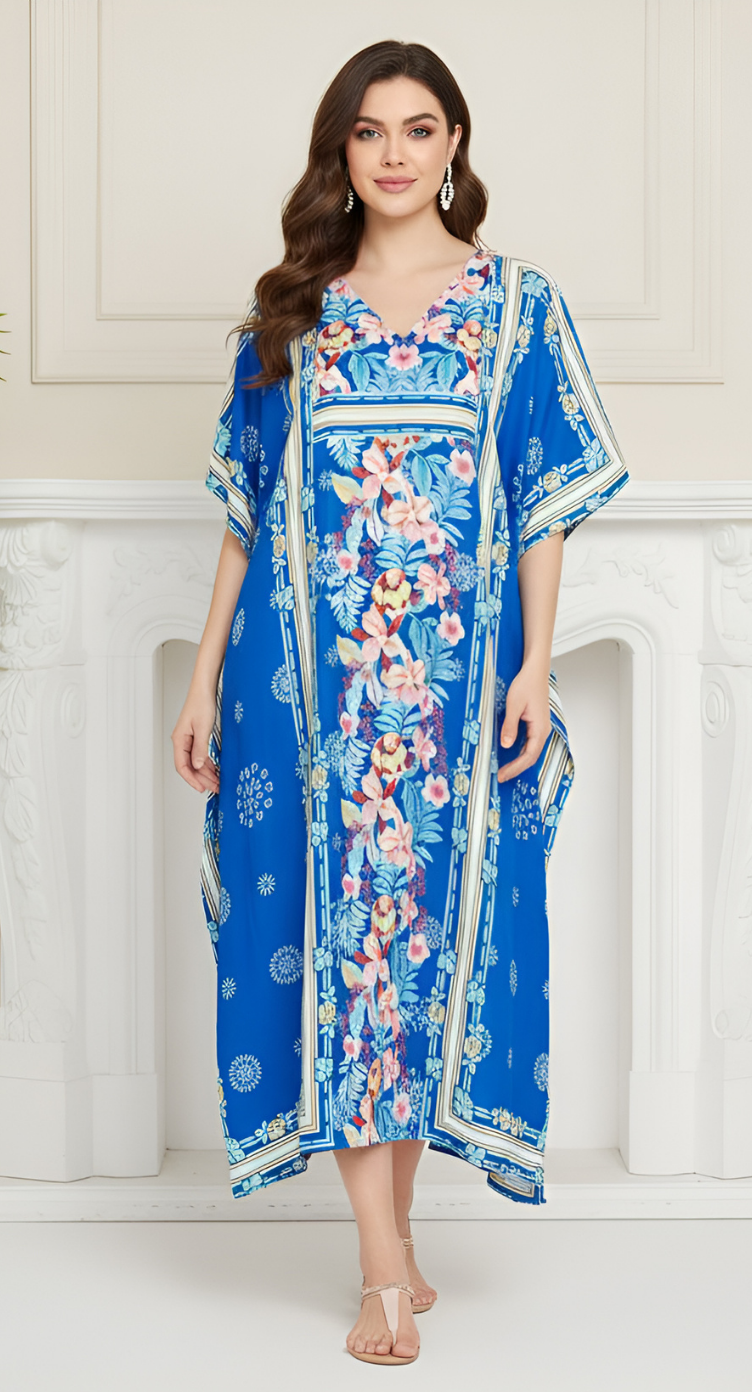 Floral Printed Blue Polyester Kaftan Dress Plus Size For Women