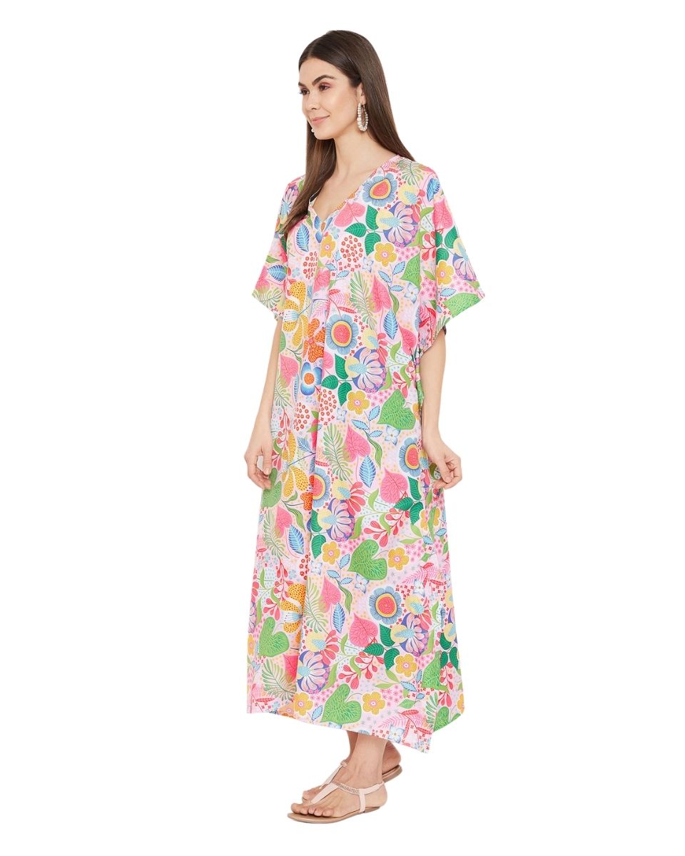 Kimono Sleeve Floral Pattern Polyester Plus Size Kaftan For Women