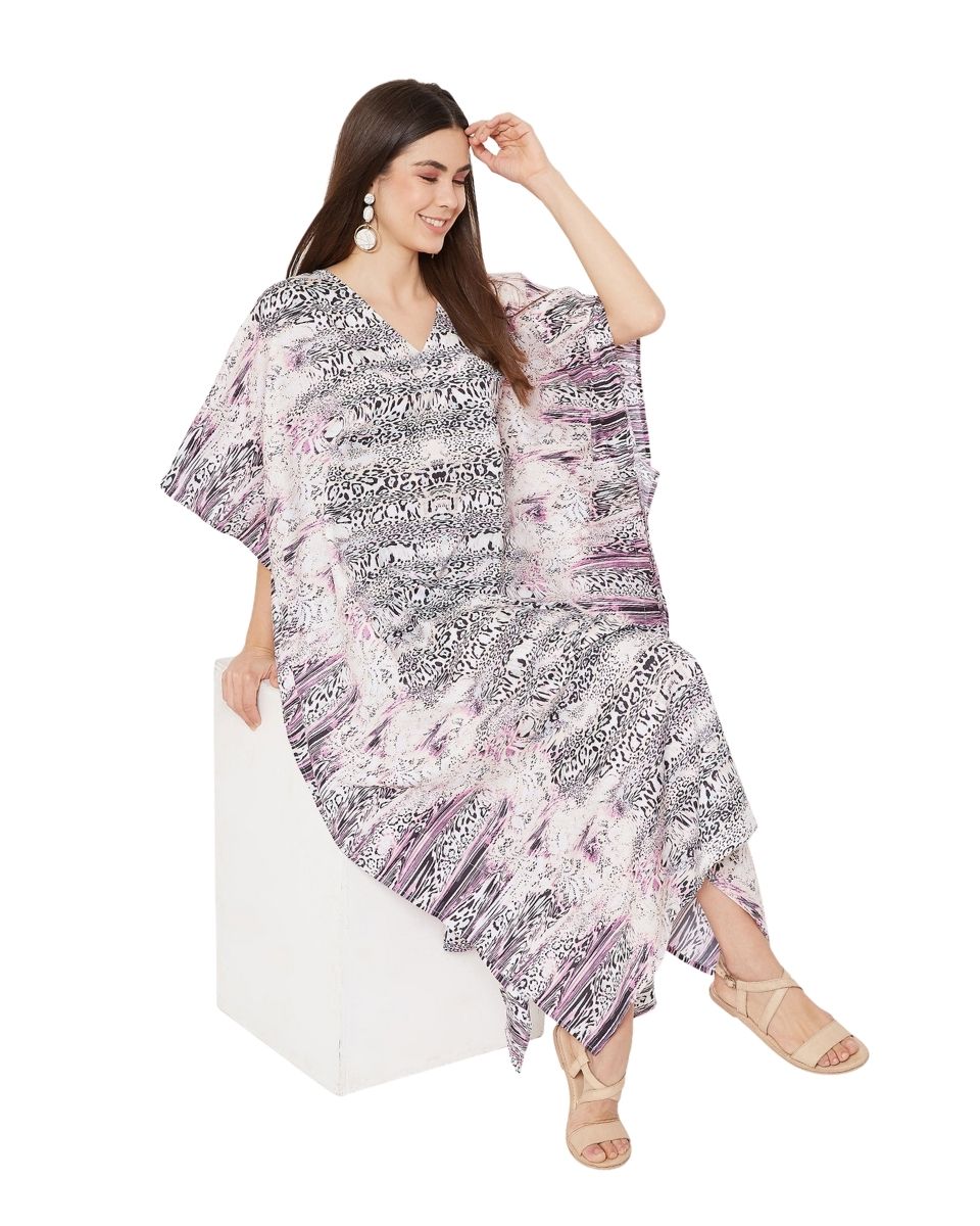 Plus Size Women Leopard Pattern Polyester Kimono Sleeve Kaftan