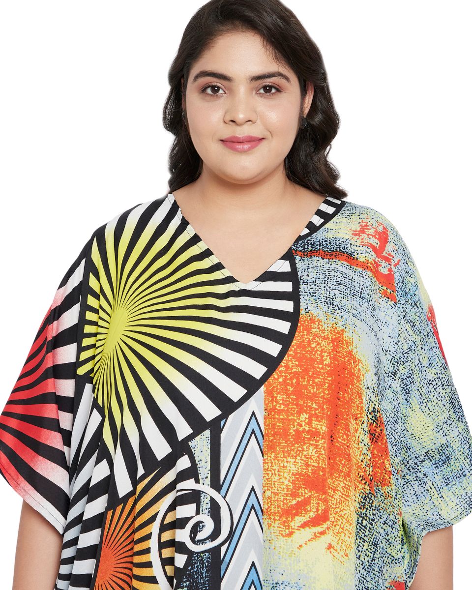 Abstract Printed Multicolor Plus Size Polyester Kaftan Dress For Women