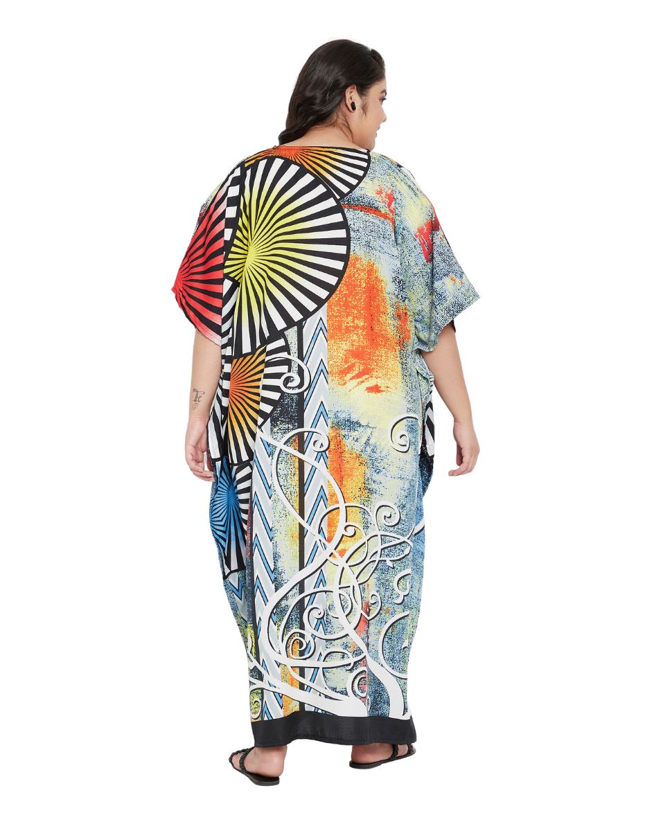 Abstract Printed Multicolor Plus Size Polyester Kaftan Dress For Women