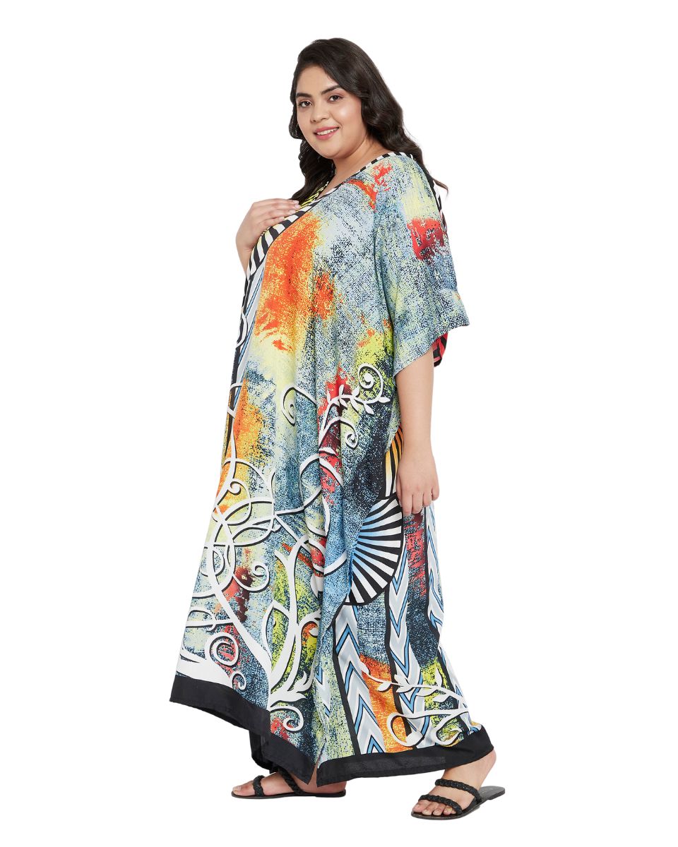 Abstract Printed Multicolor Plus Size Polyester Kaftan Dress For Women