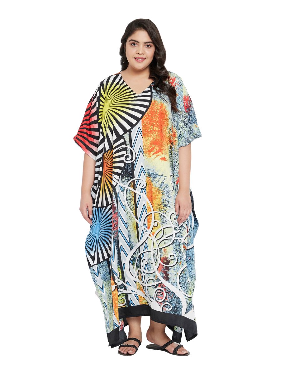Abstract Printed Multicolor Plus Size Polyester Kaftan Dress For Women