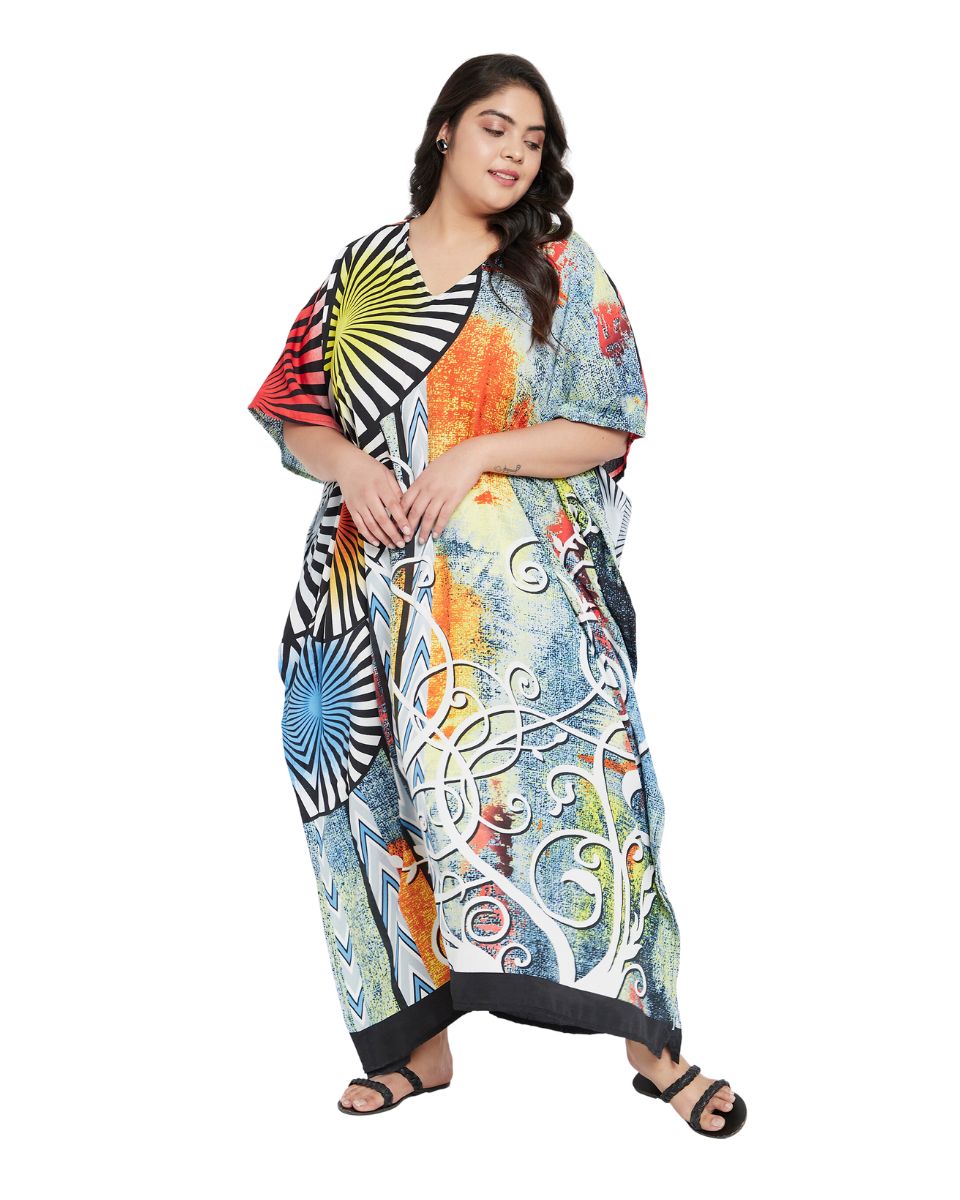 Abstract Printed Multicolor Plus Size Polyester Kaftan Dress For Women