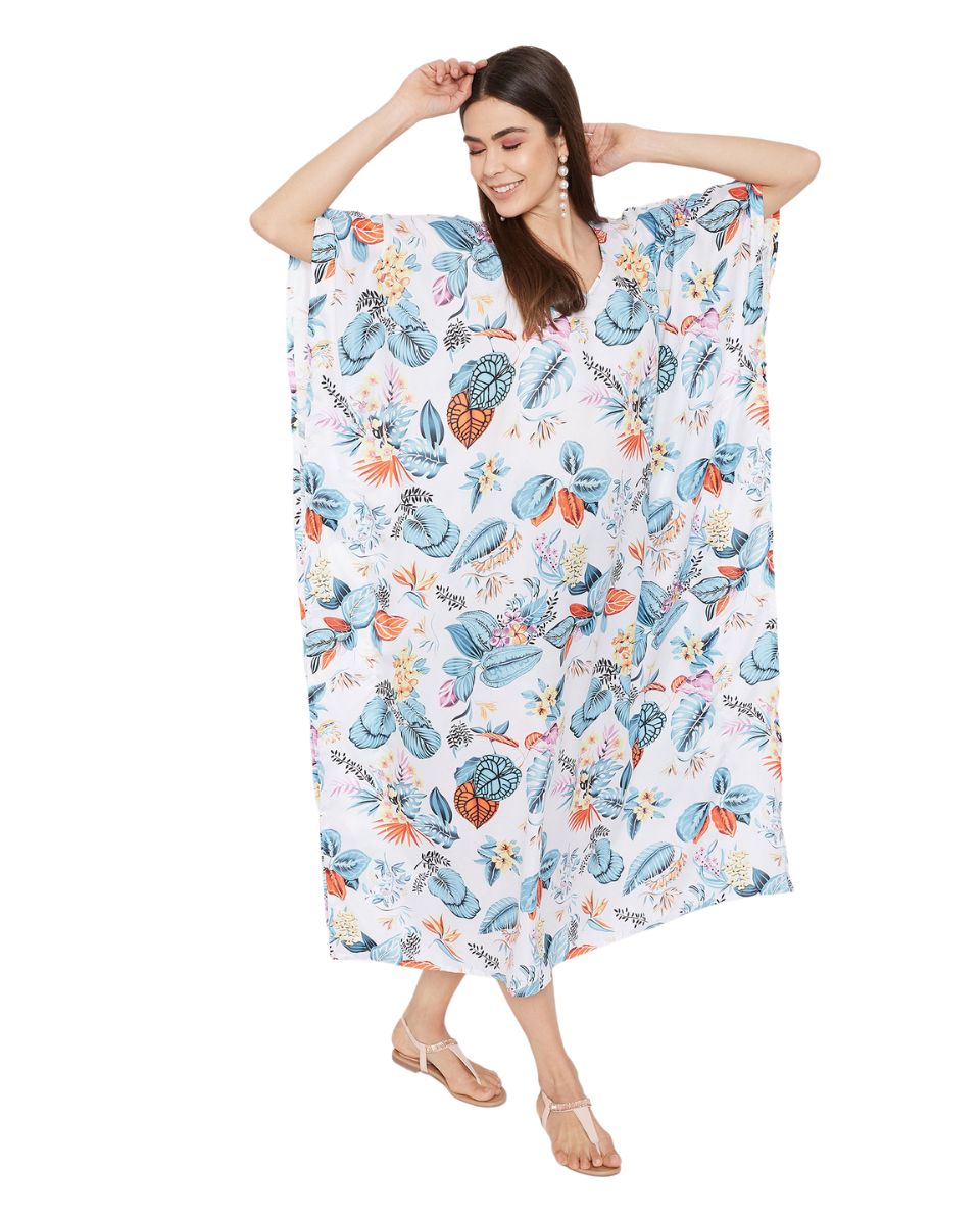 Leaf Print Polyester Kimono Style Kaftan For Plus Size Women