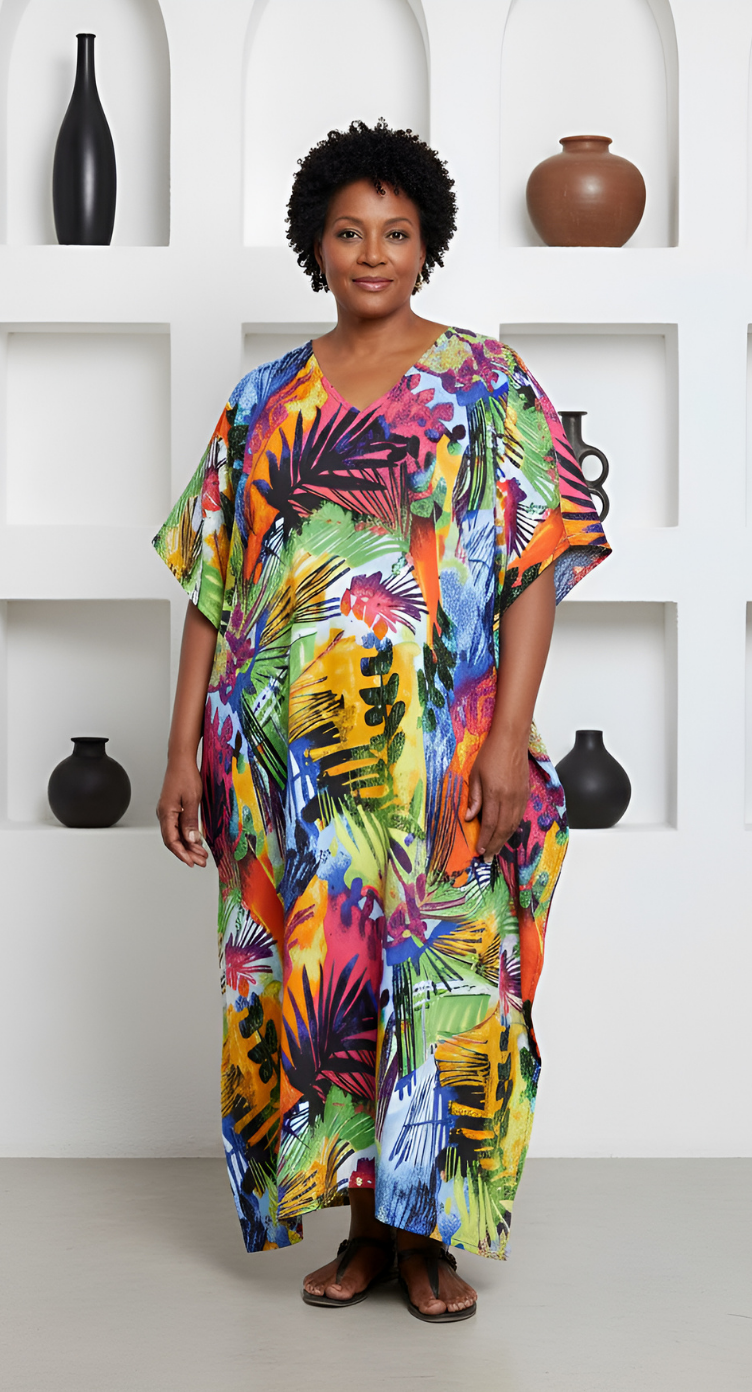 Leaf Printed Multicolor Plus Size Polyester Kaftan Dress For Women