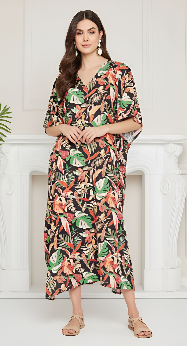 Leaf Printed Multicolor Plus Size Polyester Kaftan Dress For Women