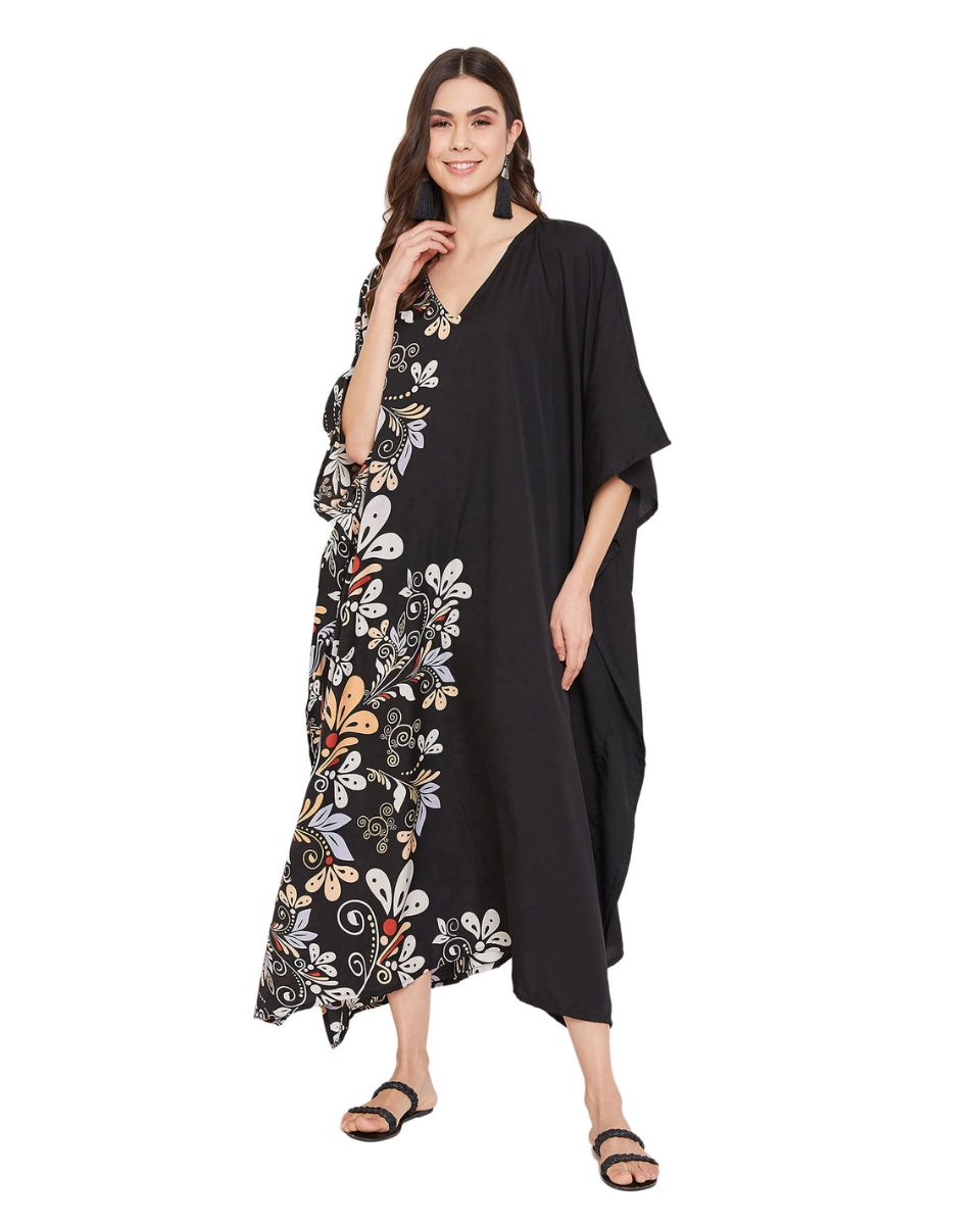 Floral Printed Black Polyester Women Plus Size Kaftan Beach Dress