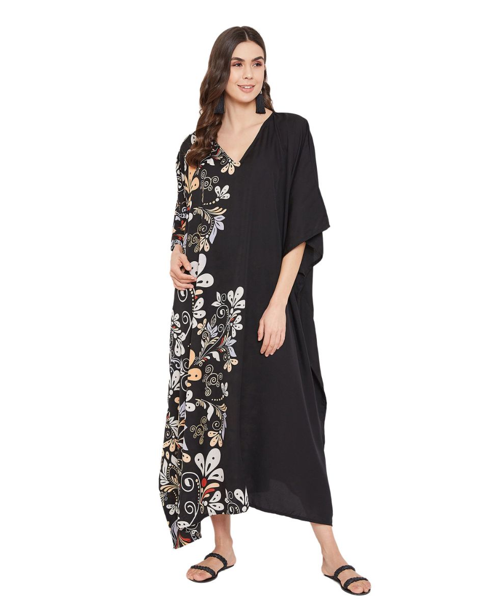 Floral Printed Black Polyester Women Plus Size Kaftan Beach Dress