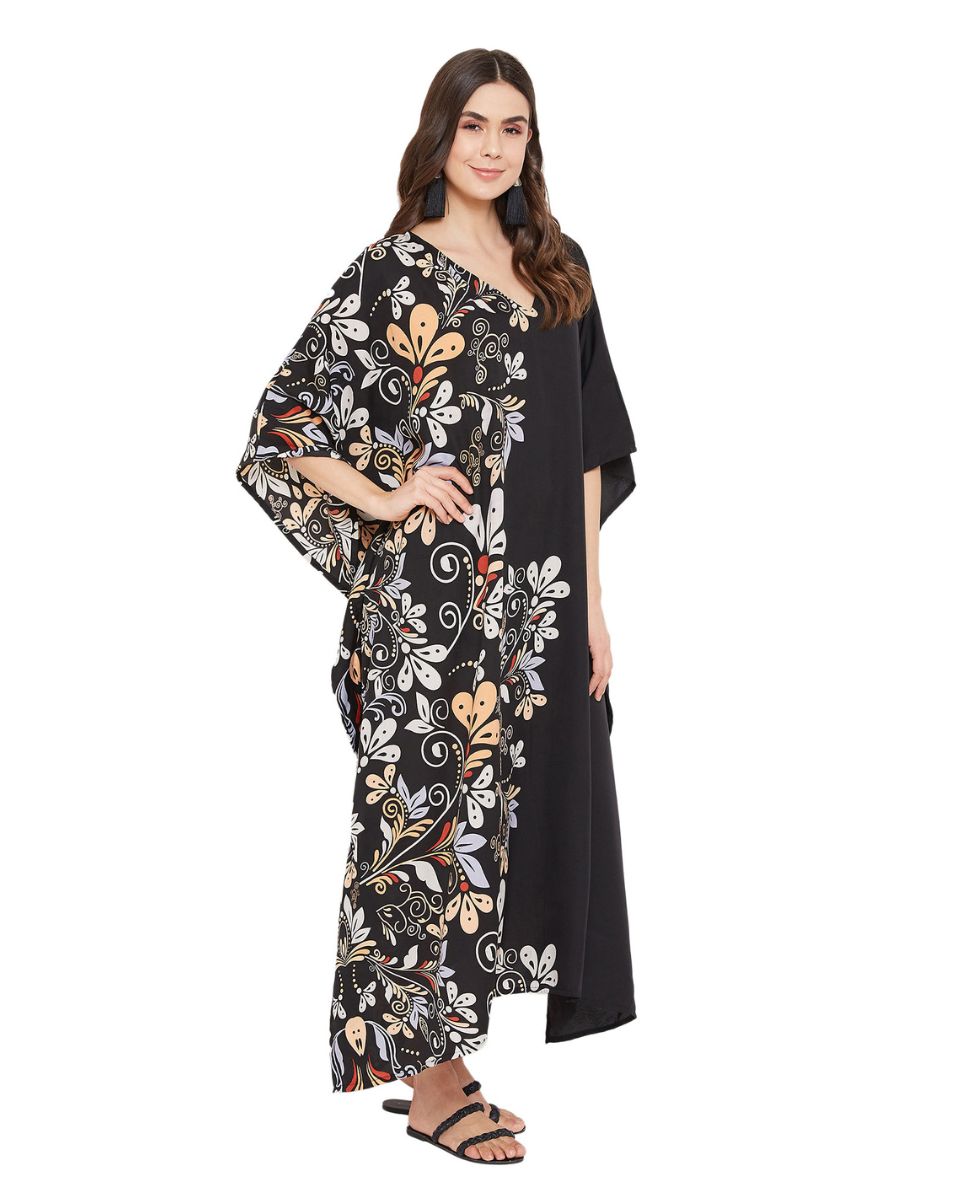 Floral Printed Black Polyester Women Plus Size Kaftan Beach Dress
