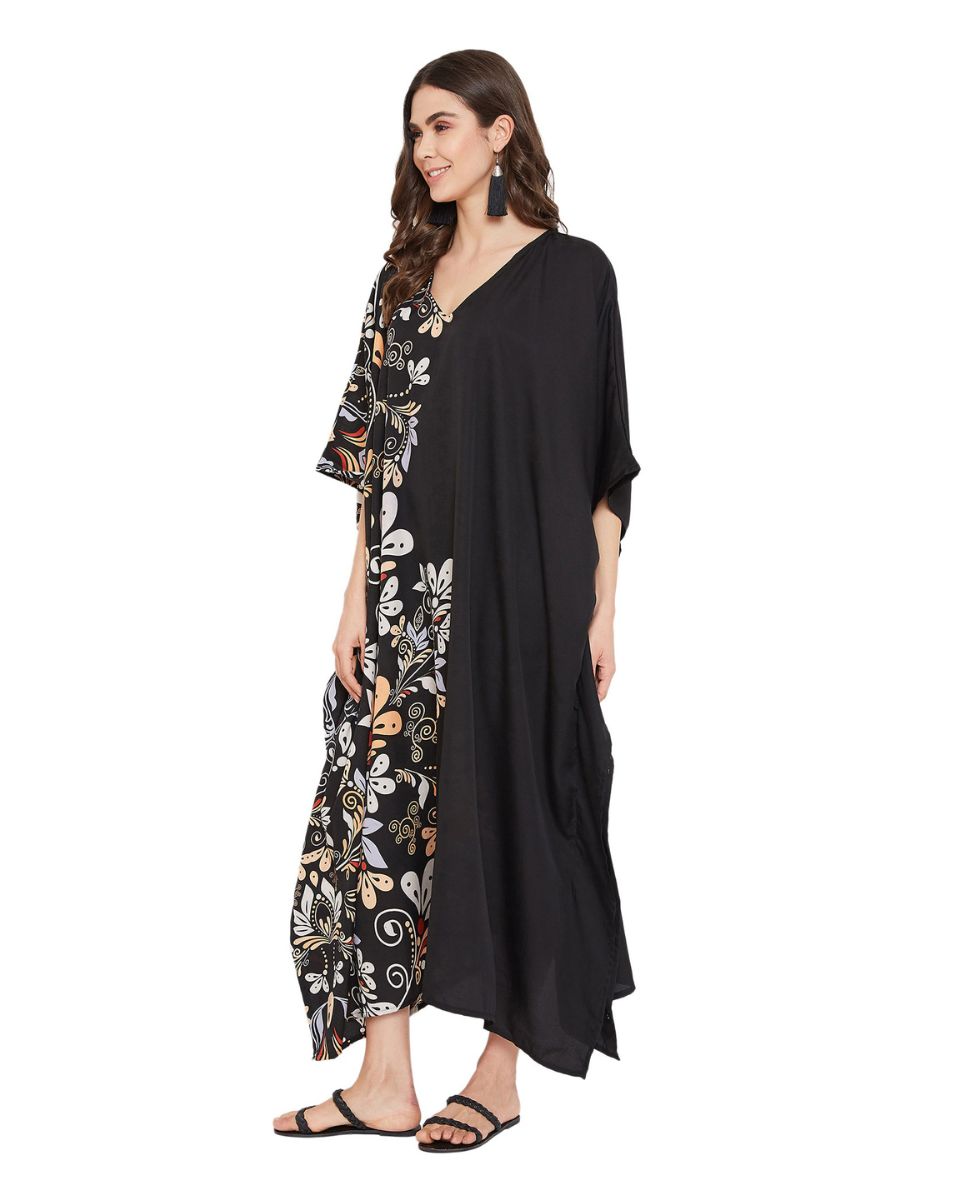 Floral Printed Black Polyester Women Plus Size Kaftan Beach Dress