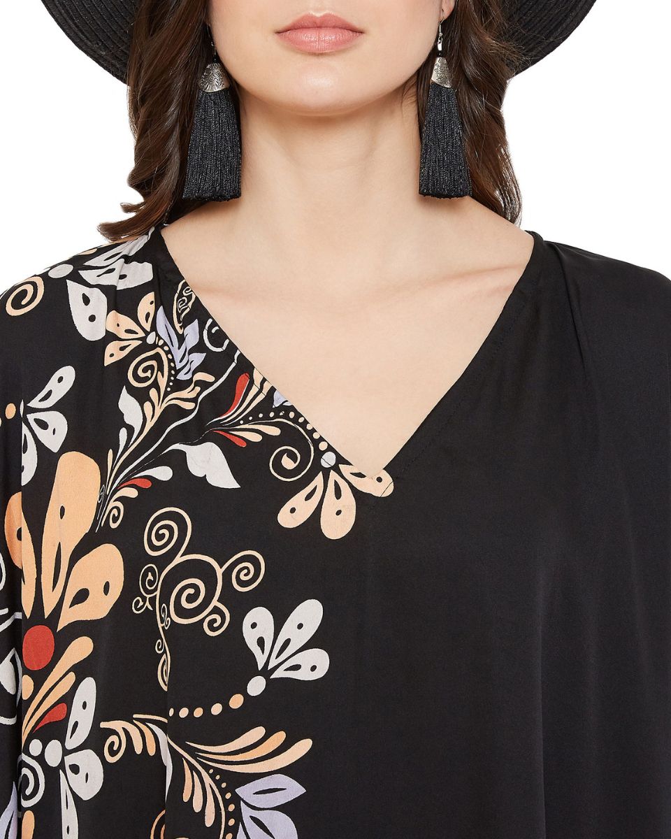 Floral Printed Black Polyester Women Plus Size Kaftan Beach Dress