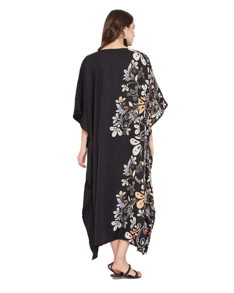 Floral Printed Black Polyester Women Plus Size Kaftan Beach Dress