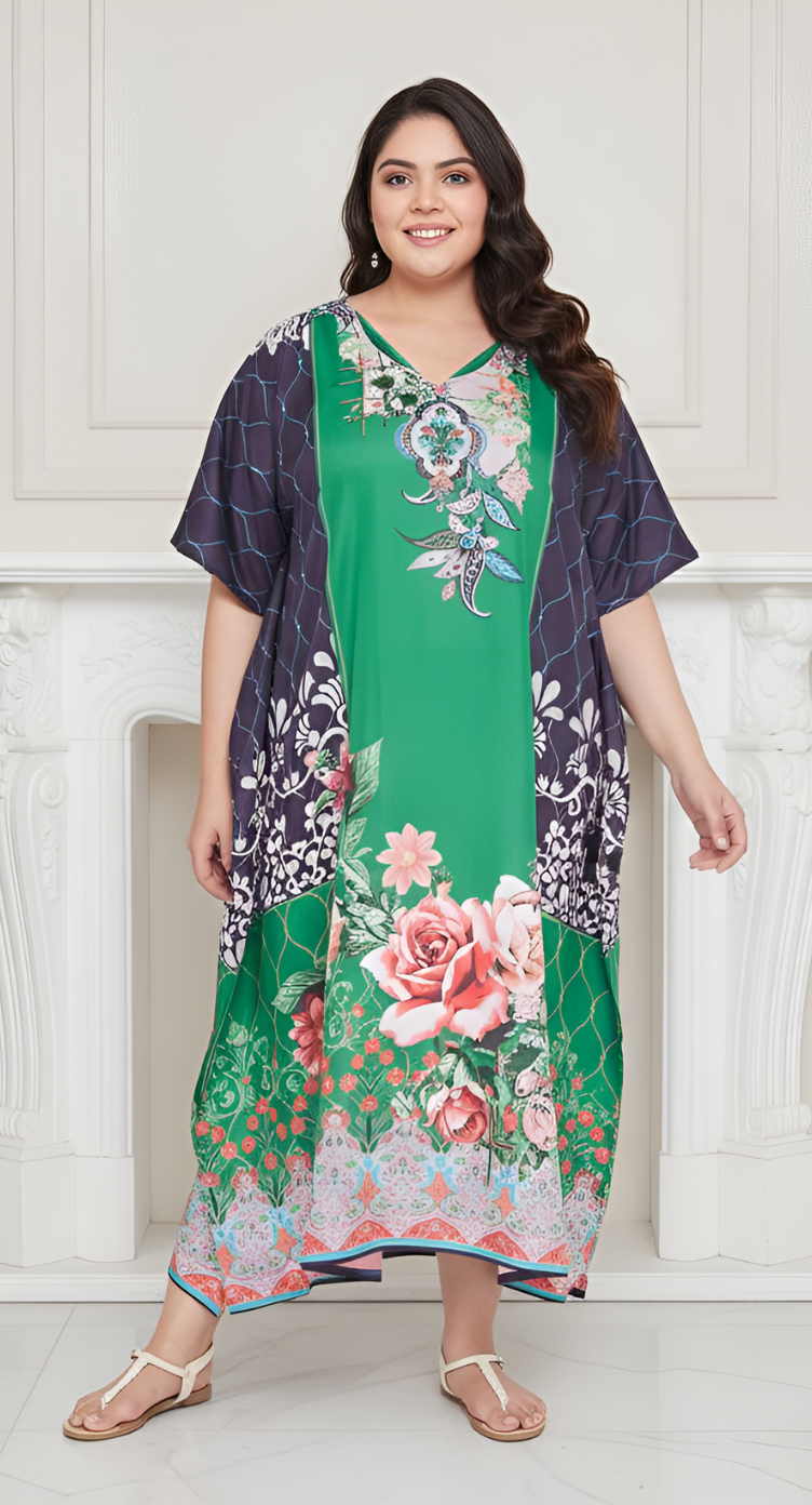 Floral Printed Green Polyester Kaftan Plus Size Dress For Women