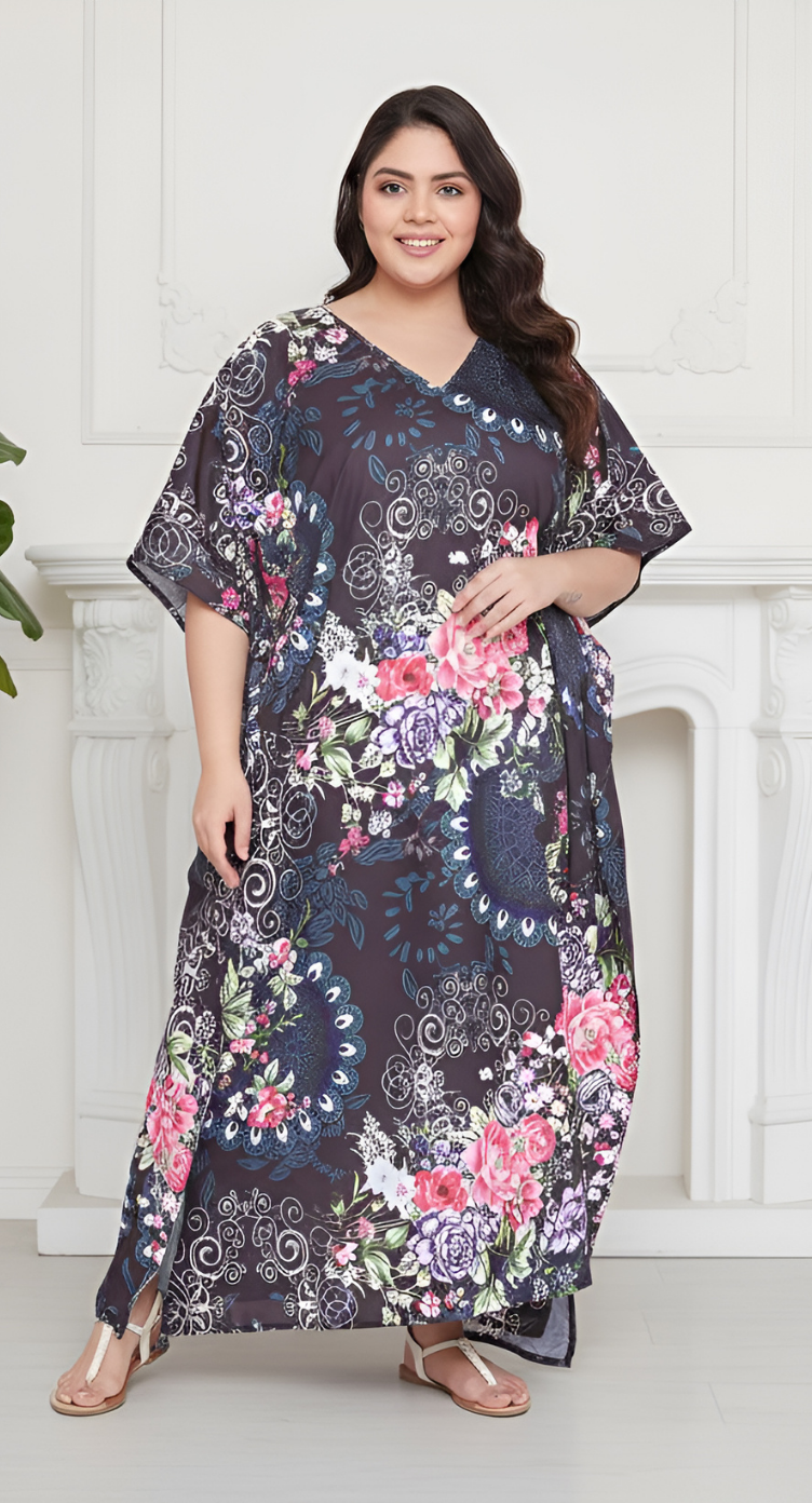 Floral Printed Multicolor Polyester Plus Size Kaftan Dress For Women