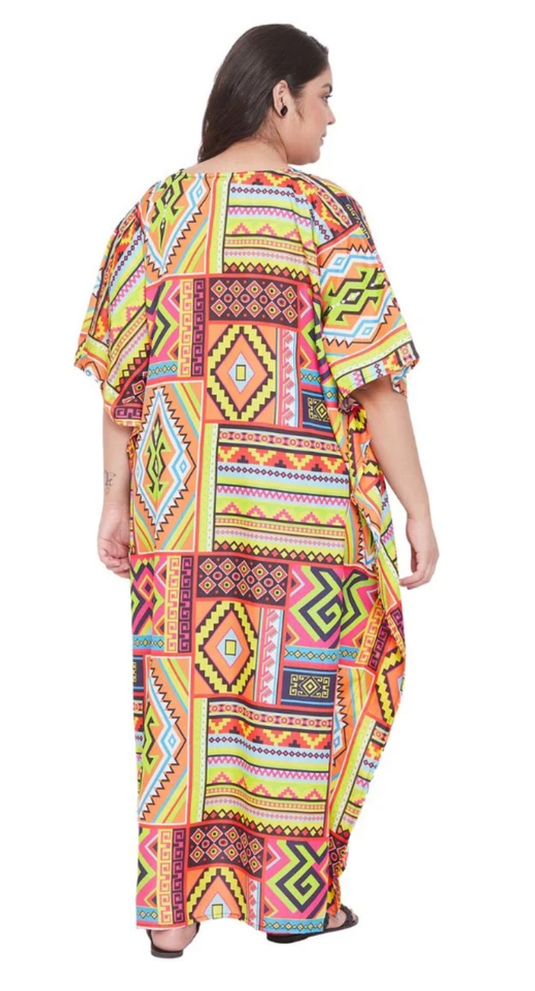 Multicolor Tribal Geometric Polyester Plus Size Kaftan for Women 1X-3X | GypsieBlu