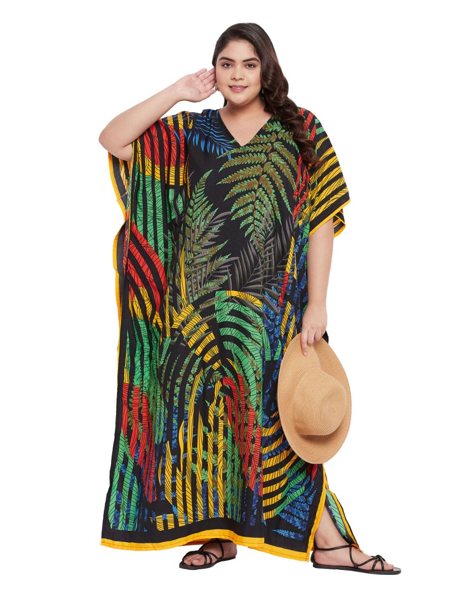 Leaf Print Multicolor Polyester Plus Size Kaftan Dress For Women
