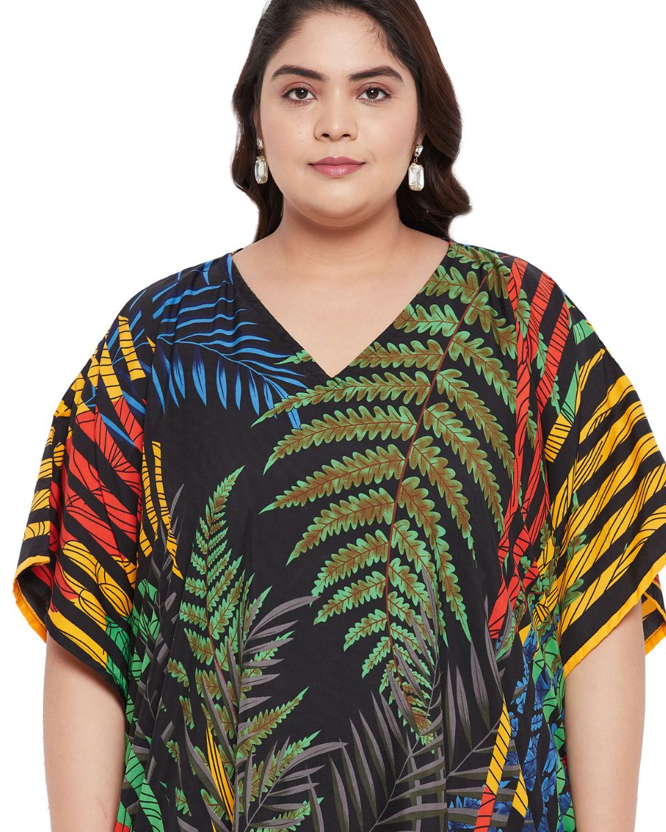 Leaf Print Multicolor Polyester Plus Size Kaftan Dress For Women