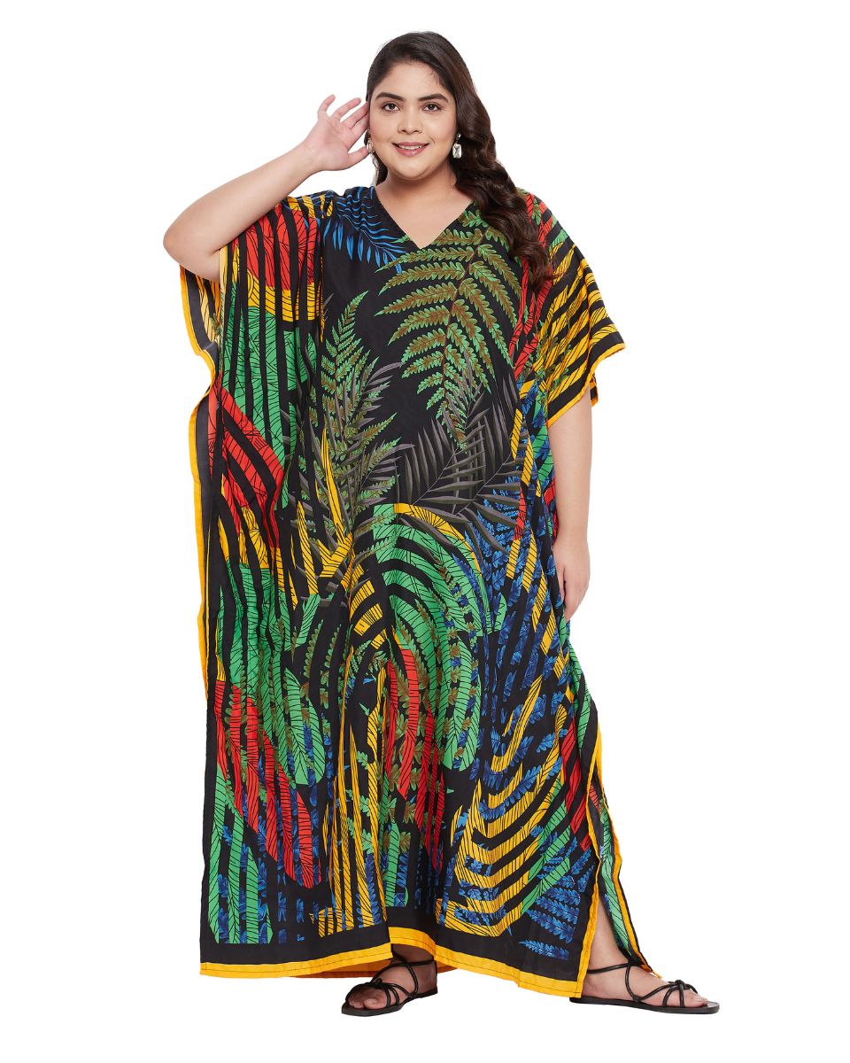 Leaf Print Multicolor Polyester Plus Size Kaftan Dress For Women