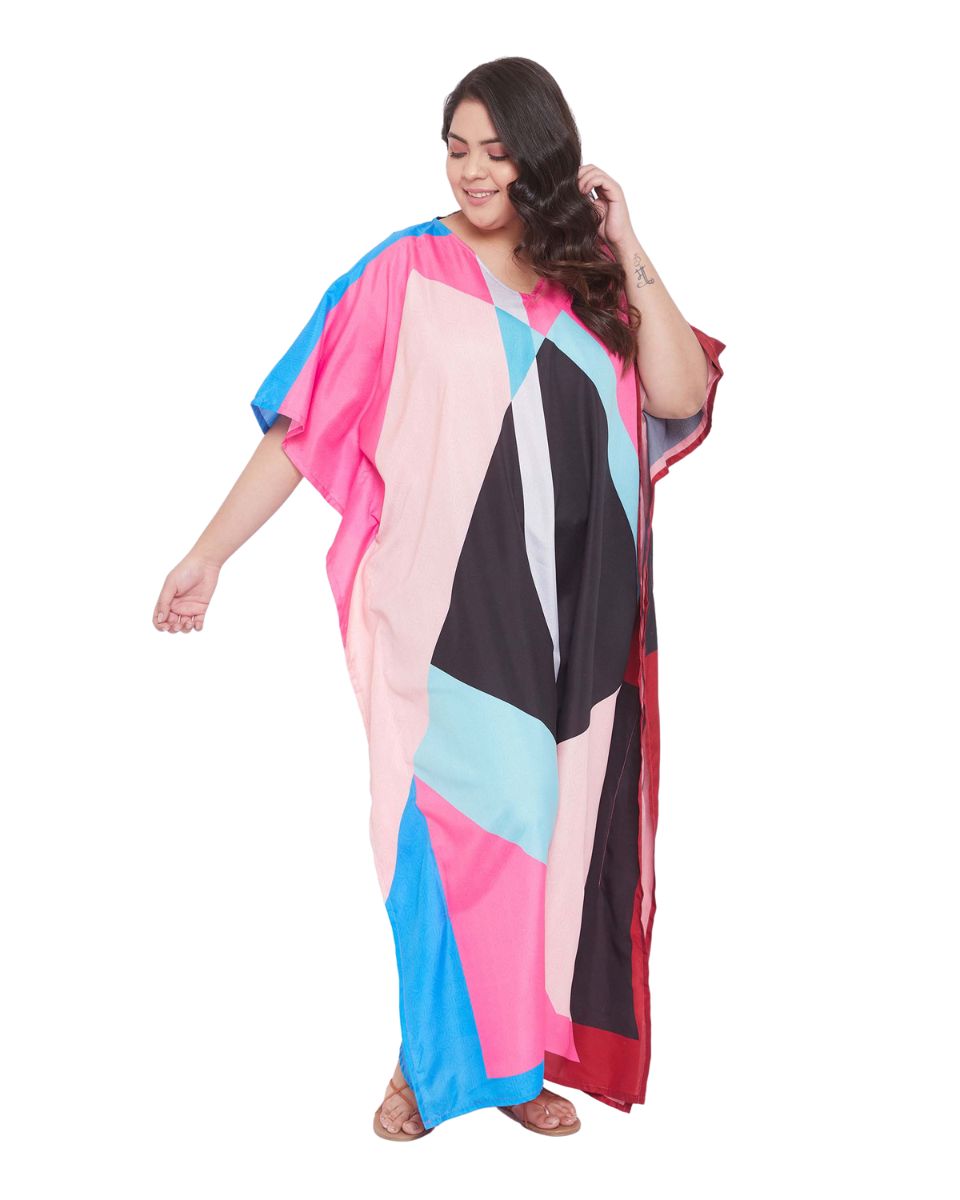 Geometric Printed Multicolor Plus Size Polyester Kaftan For Women