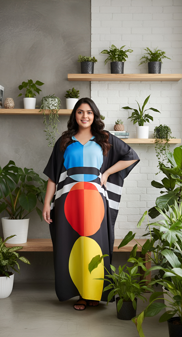 Geometric Print Black Multicolor Polyester Kaftan For Plus Size Women