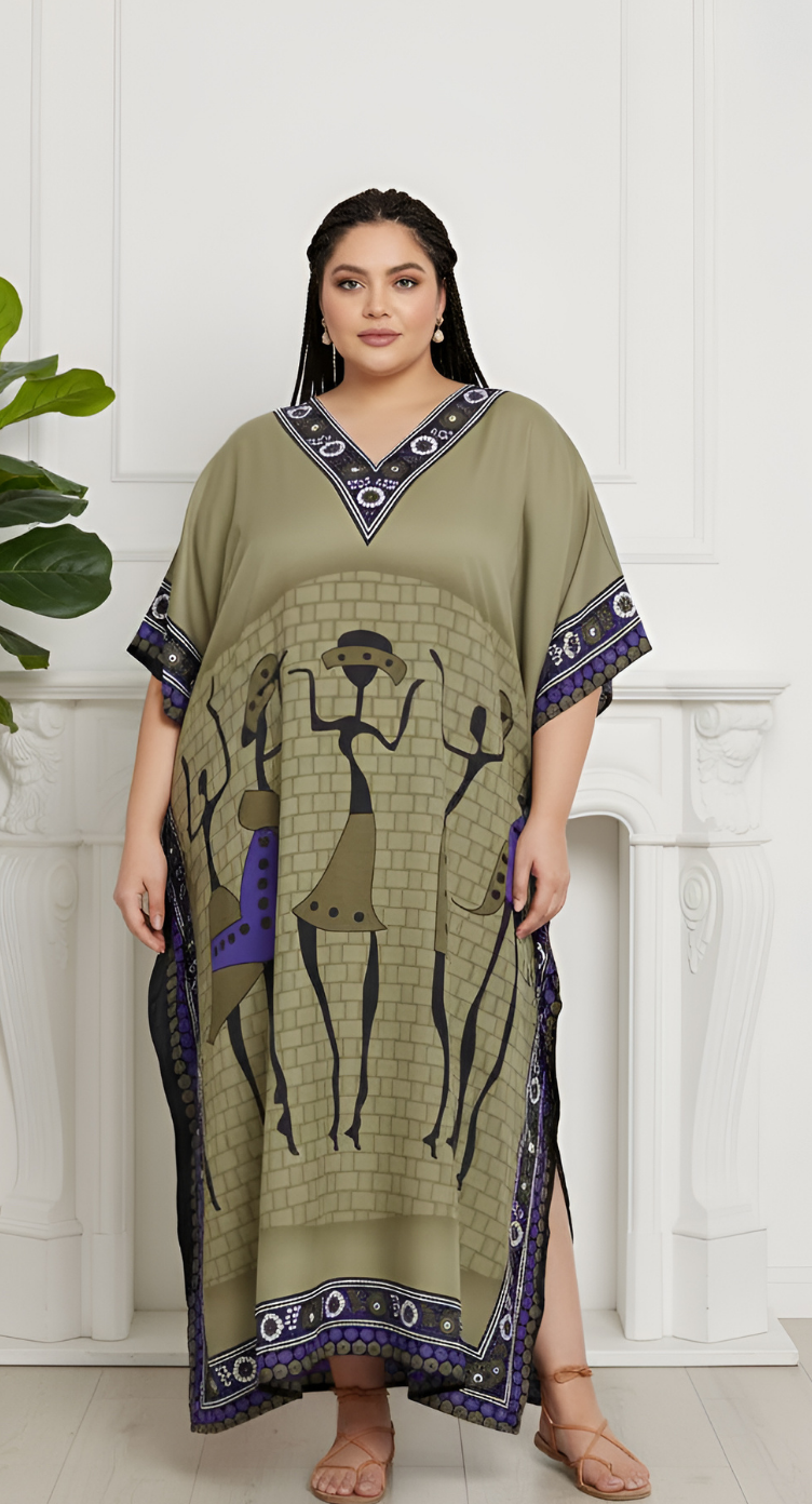 Women Plus Size Dress Tribal Printed Green Polyester Kaftan