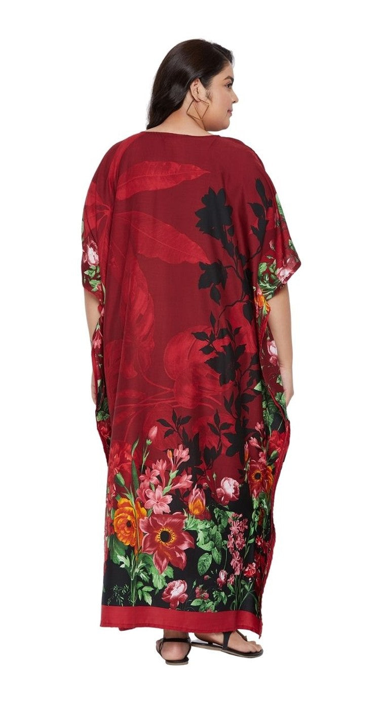 Red rose botanical border print polyester plus size kaftan with V-neck and kimono sleeves — further product view