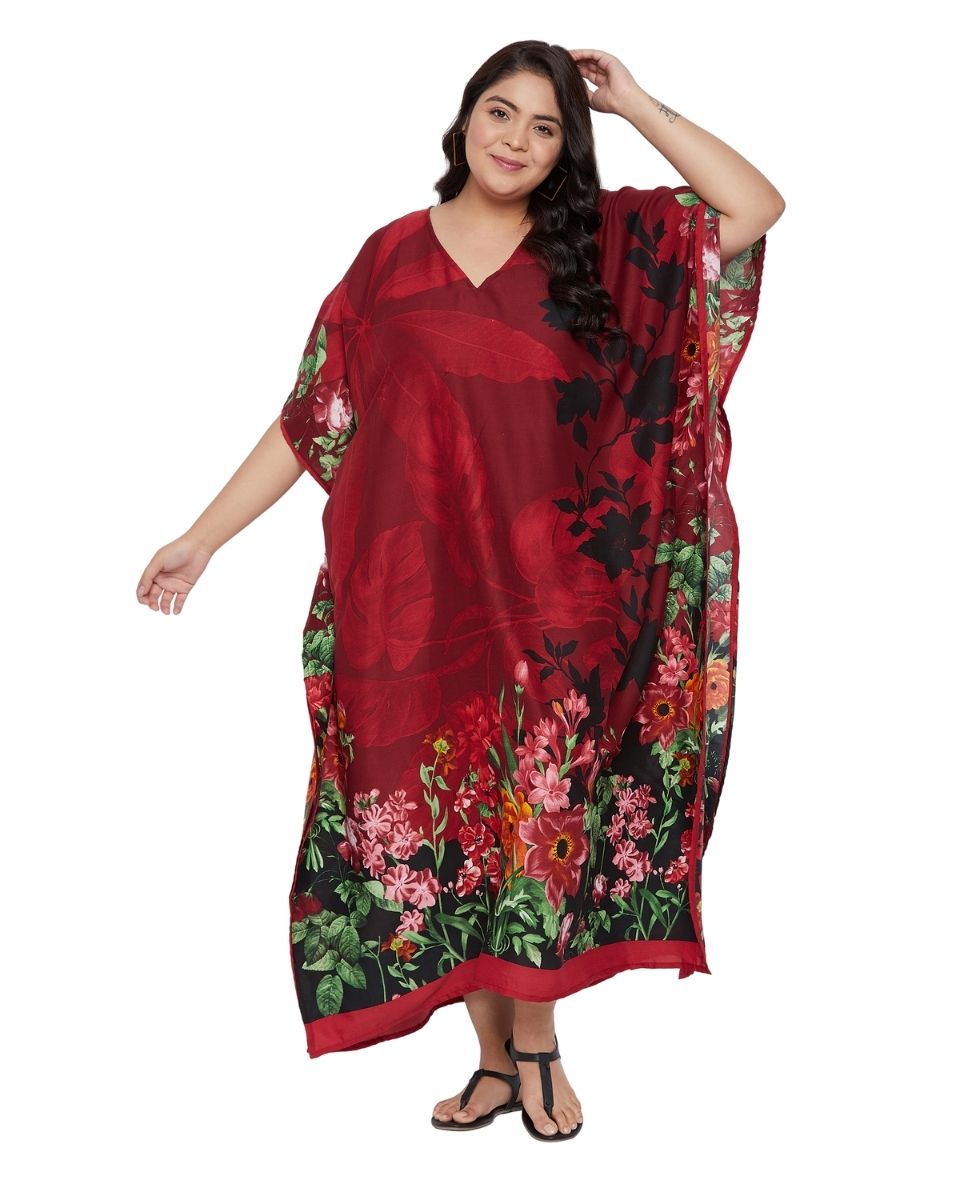 Floral Print Red Polyester Kaftan For Plus Size Women