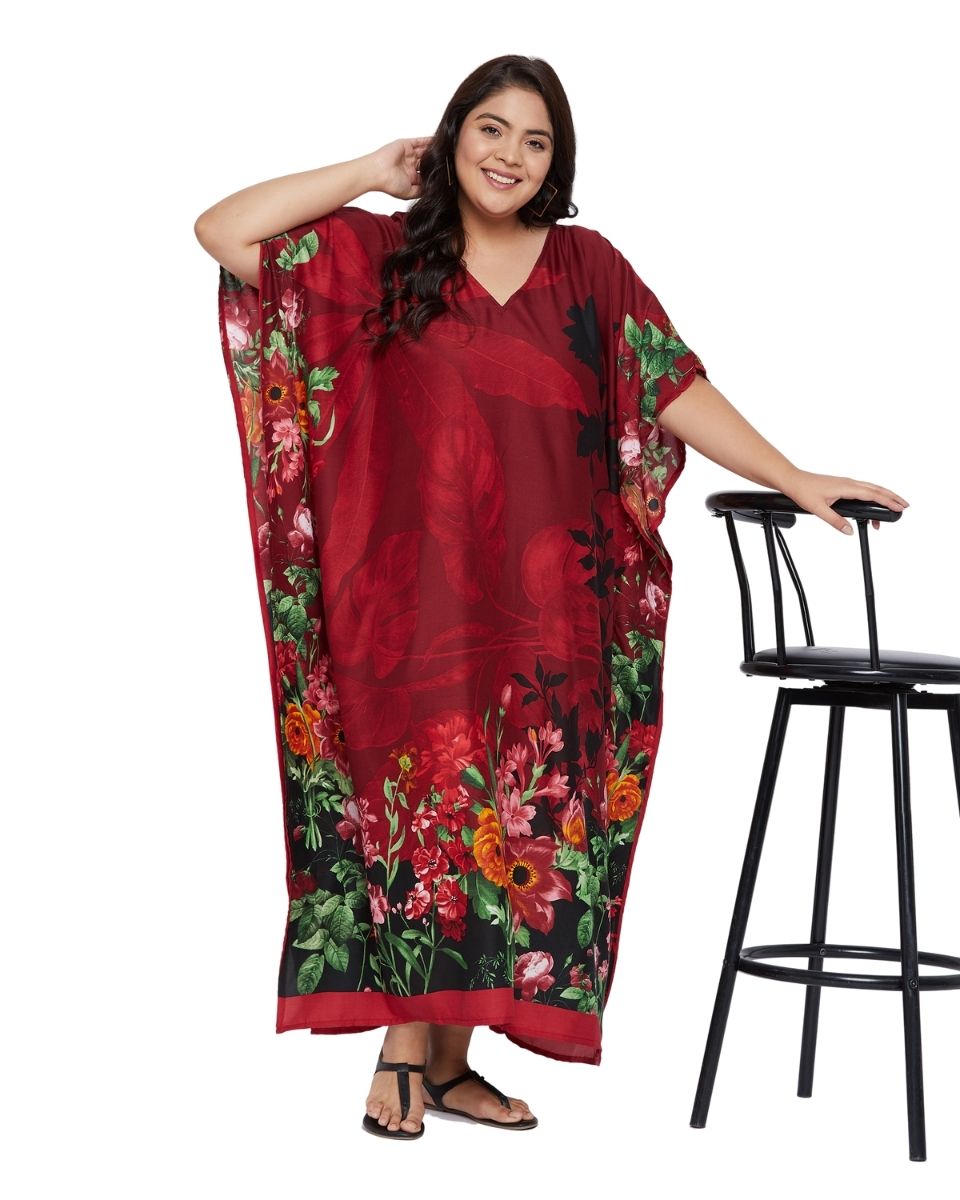 Floral Print Red Polyester Kaftan For Plus Size Women