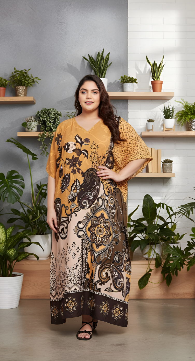 Floral Printed Brown Polyester Plus size Kaftan Dress For Women