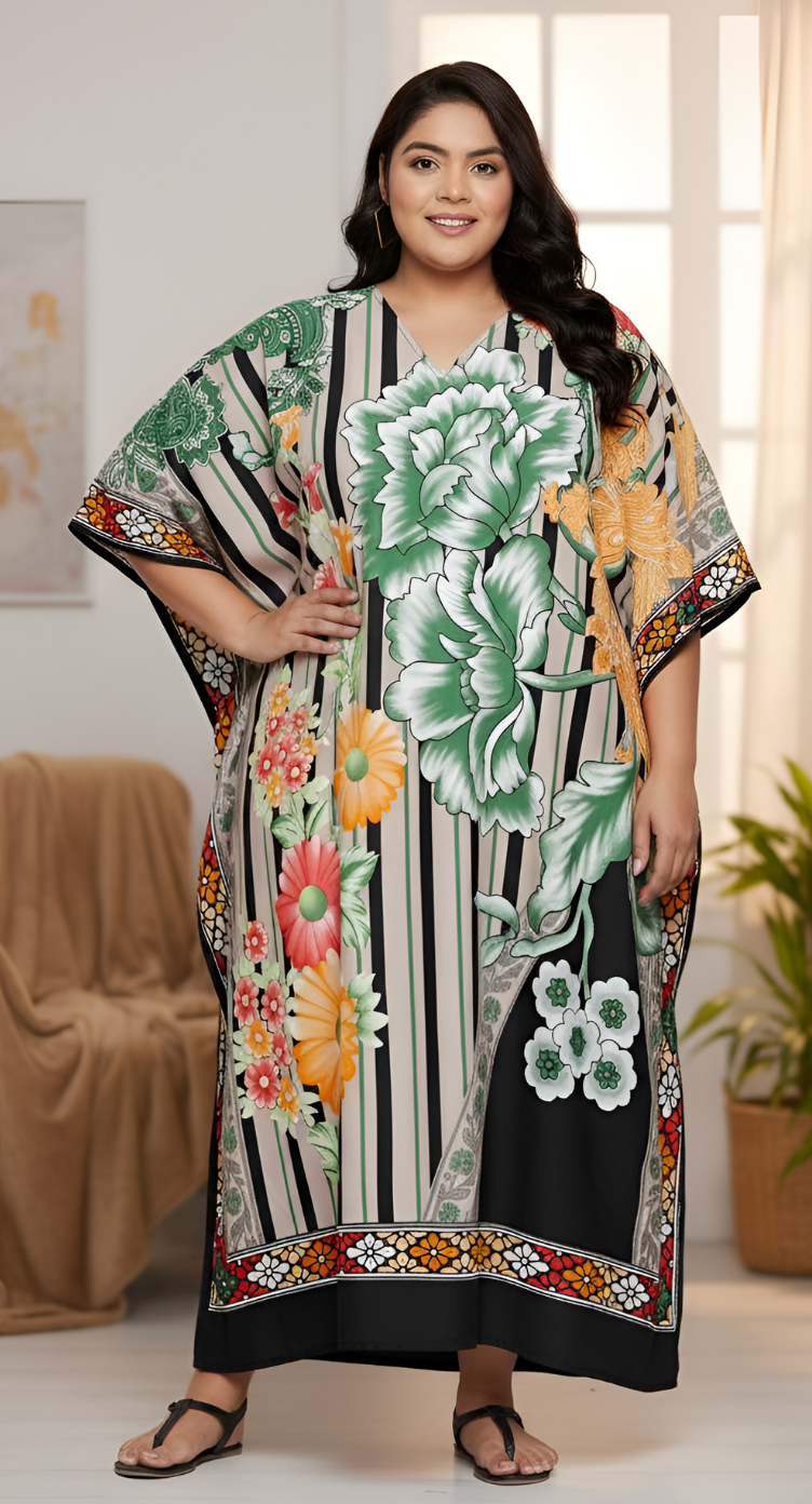 Floral Printed Multicolor Polyester Kaftan Dress For Plus Size Women