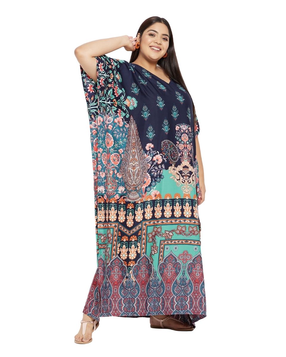Multicolor Dress Floral Polyester Plus Size Kaftan For Women