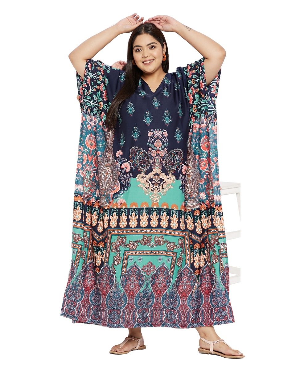 Multicolor Dress Floral Polyester Plus Size Kaftan For Women