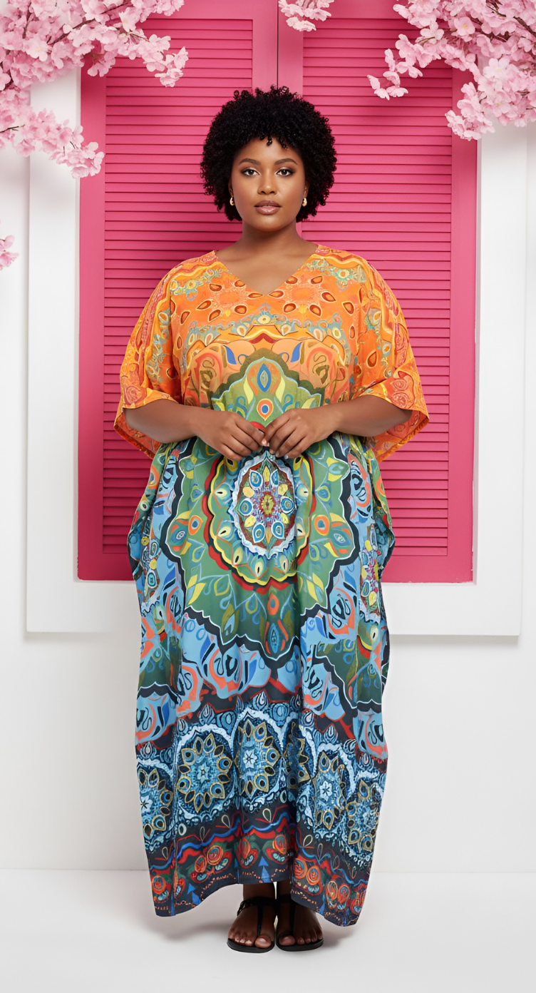 Abstract Printed Multicolor Polyester Kaftan Dress For plus size Women
