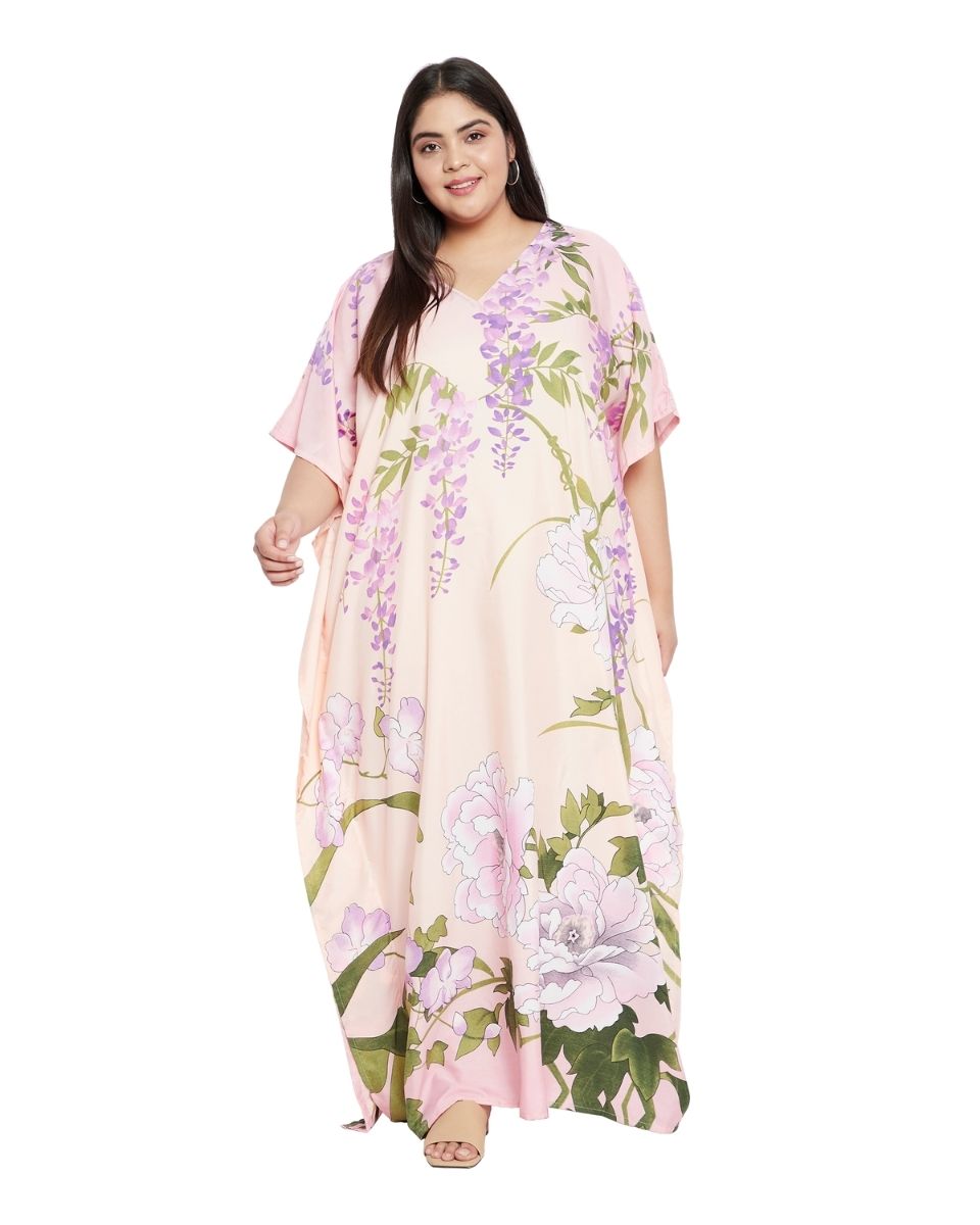 Baby Pink Floral Pattern Polyester Kaftan For Plus Size Women
