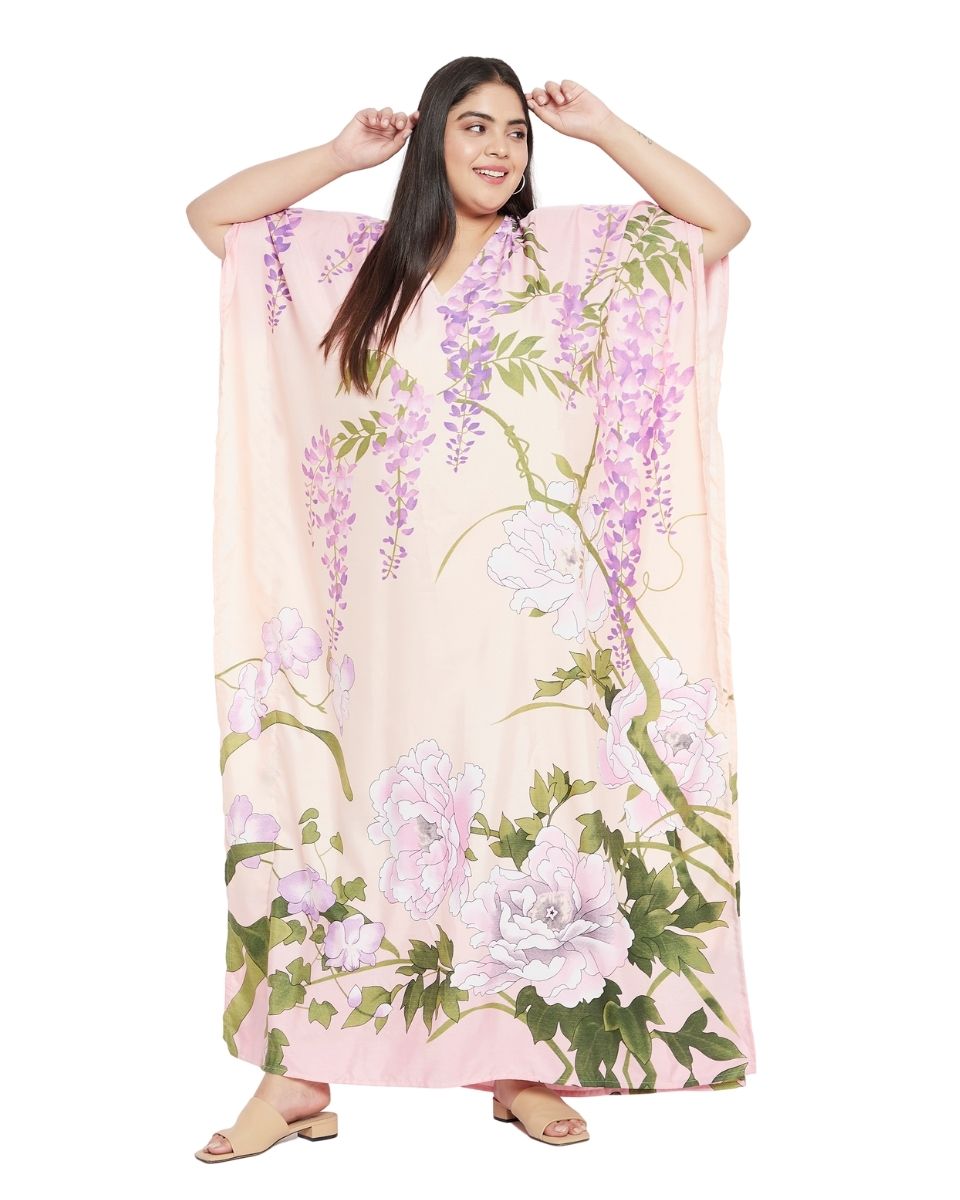 Baby Pink Floral Pattern Polyester Kaftan For Plus Size Women