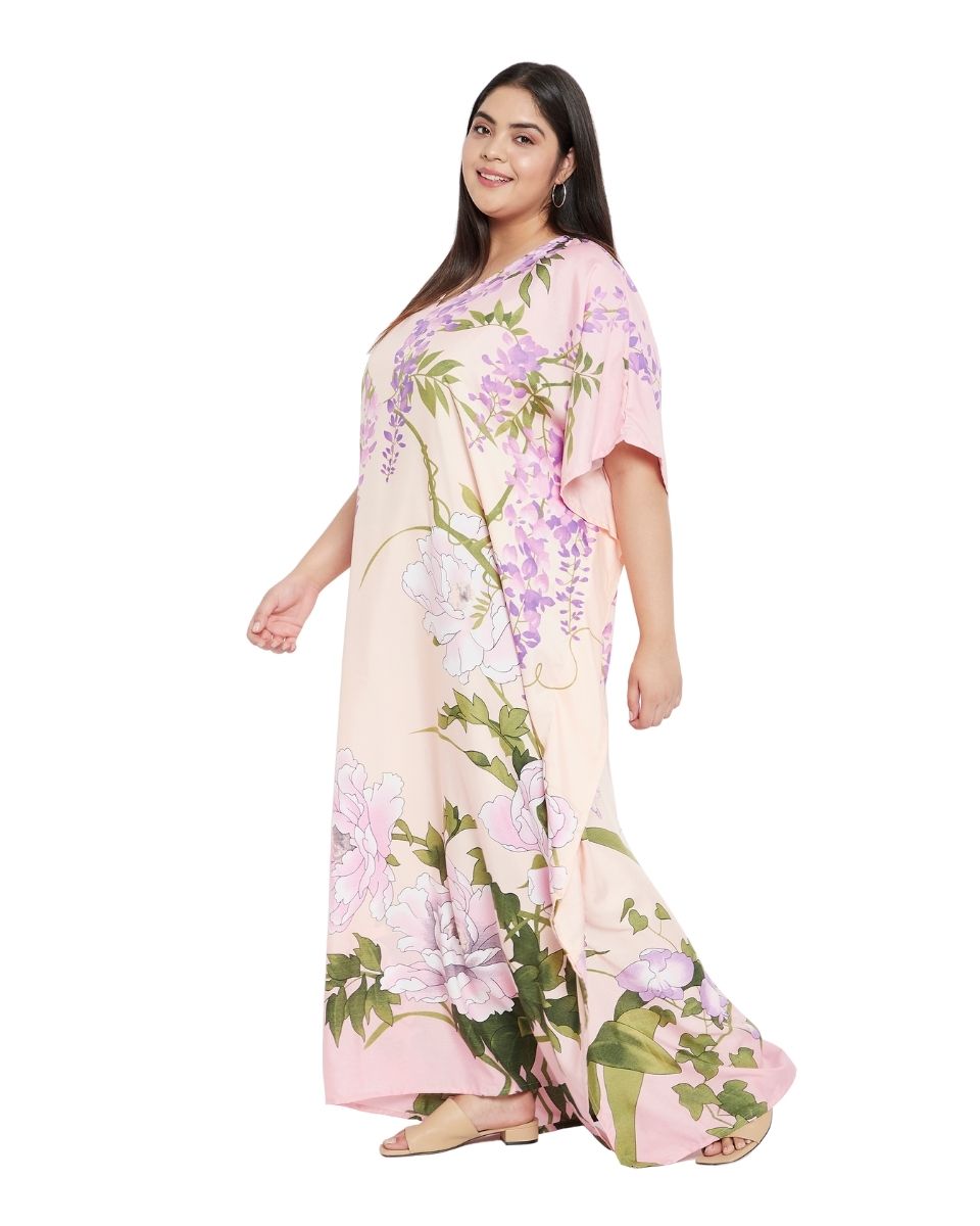 Baby Pink Floral Pattern Polyester Kaftan For Plus Size Women