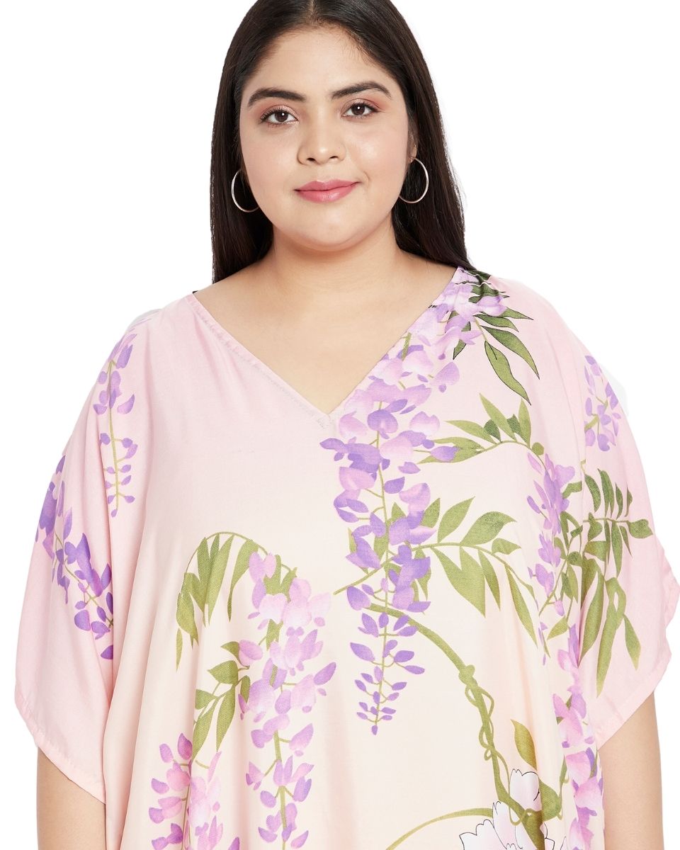 Baby Pink Floral Pattern Polyester Kaftan For Plus Size Women