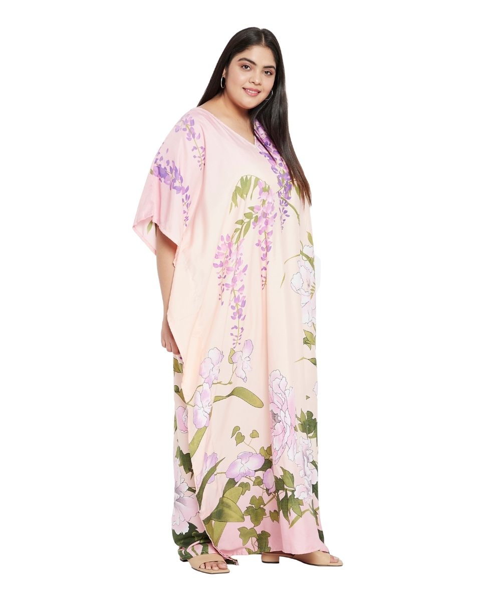 Baby Pink Floral Pattern Polyester Kaftan For Plus Size Women