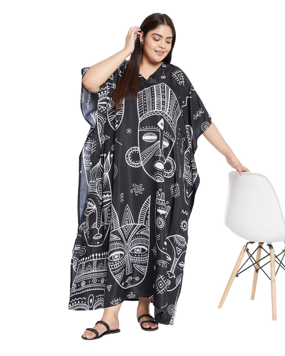 Black Tribal Pattern Polyester Loose Plus Size Kaftan For Women