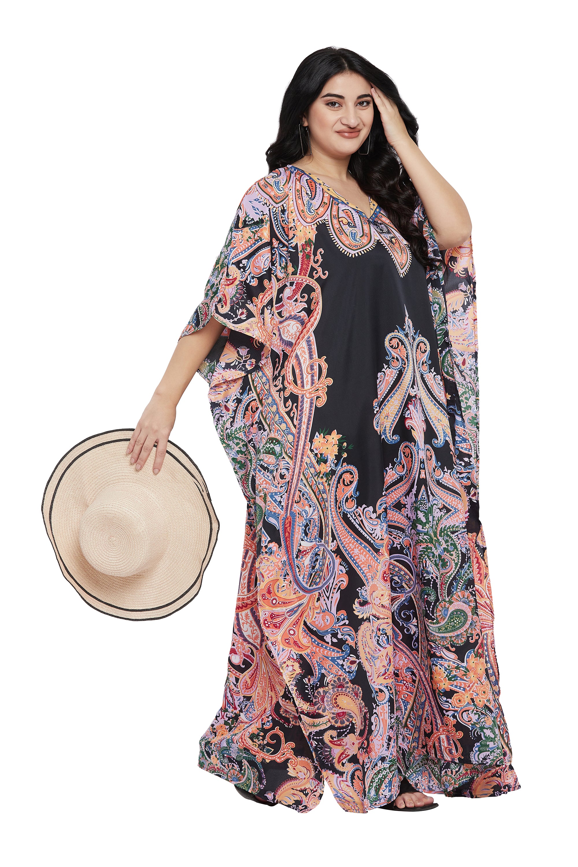 Black plus size kaftan with ornate coral and pink paisley print and wide kimono sleeves — additional view