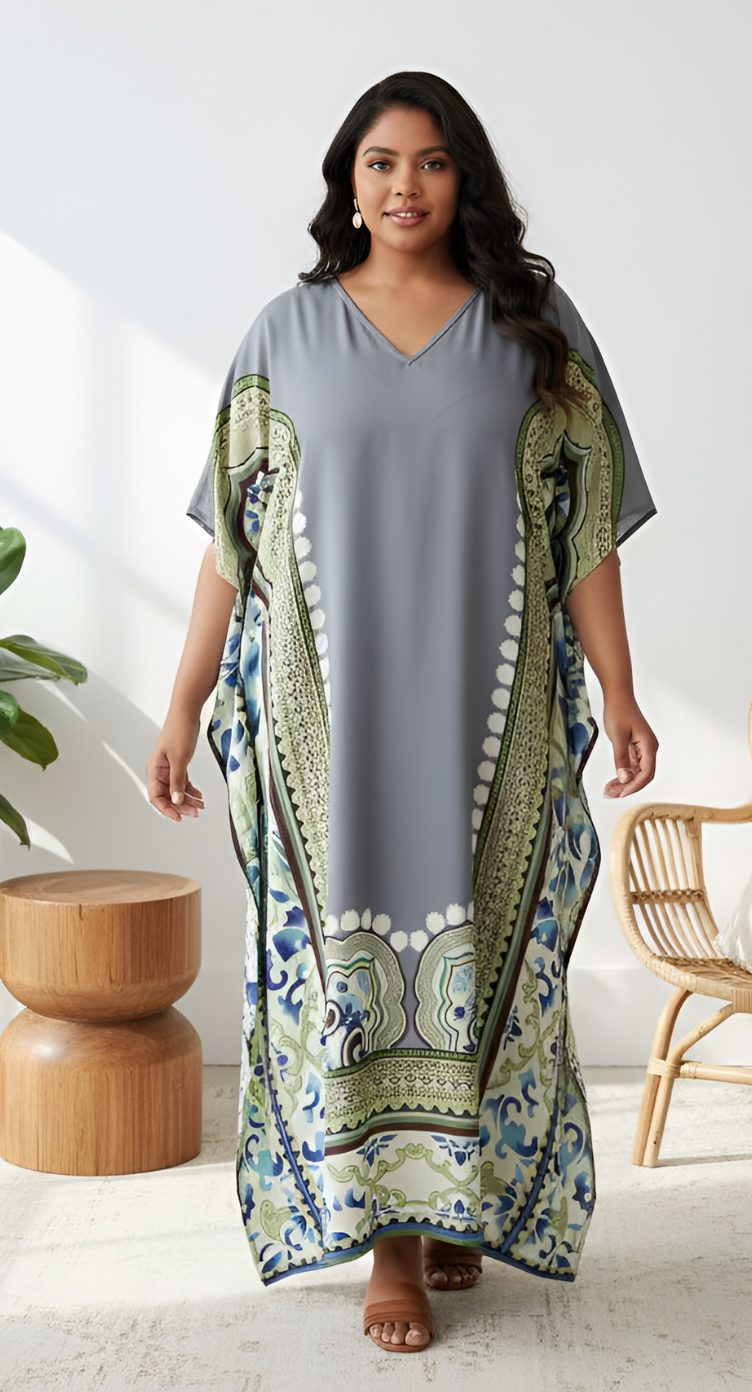 Grey plus size kaftan with green and blue paisley medallion border print and V-neck